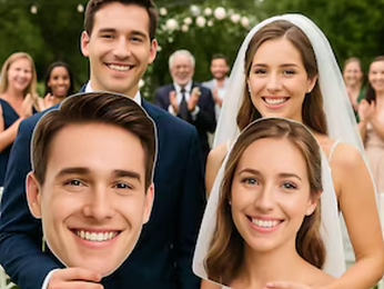 A bride and groom holding custom big head cutouts at their wedding