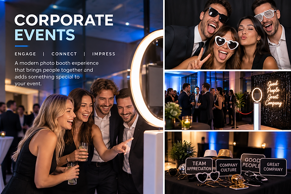 Corporate event guests laughing at the photo booth, the booth by a neon backdrop, and a props table with company-culture signs