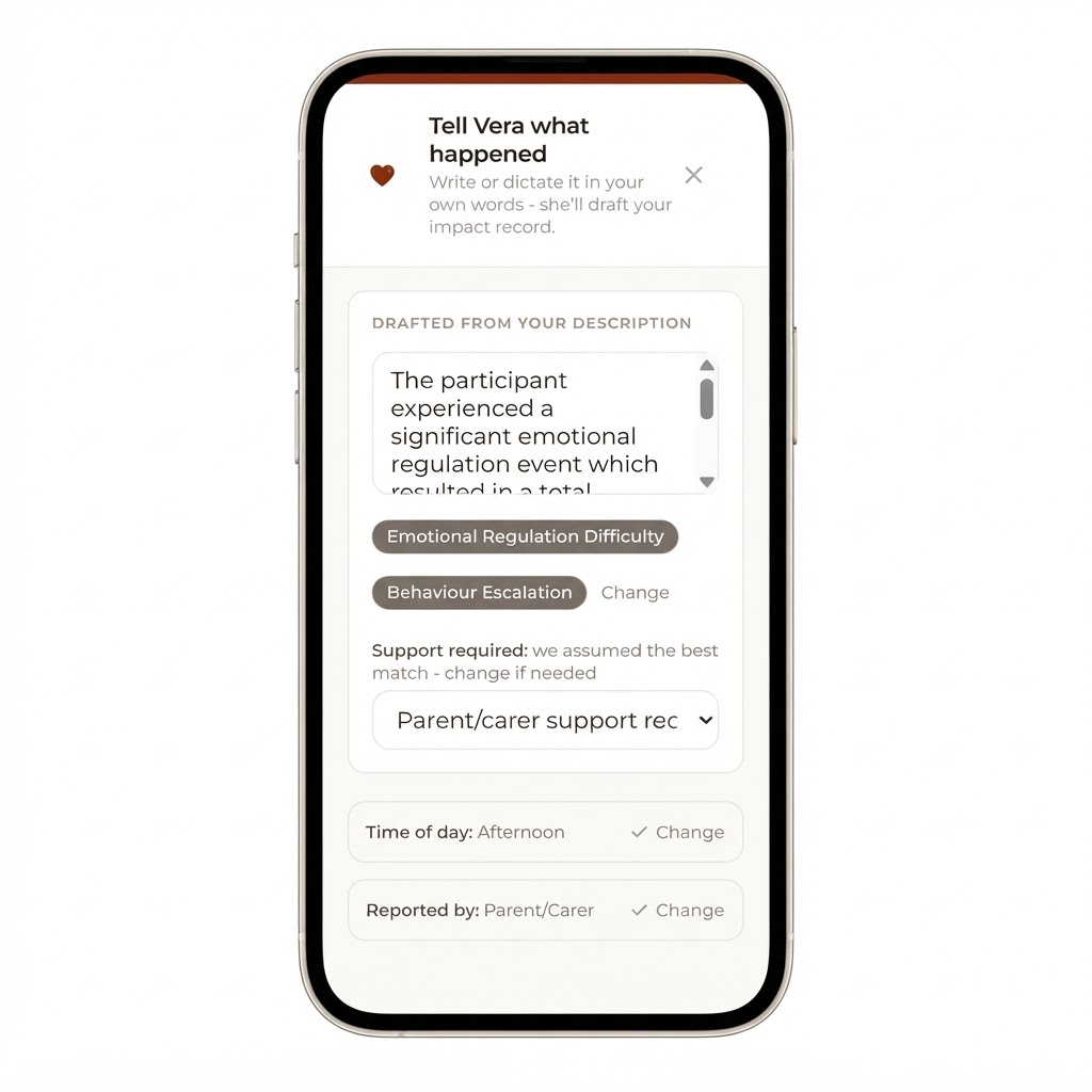 Tell Vera what happened - AI logging assistant in the Impact Vault app