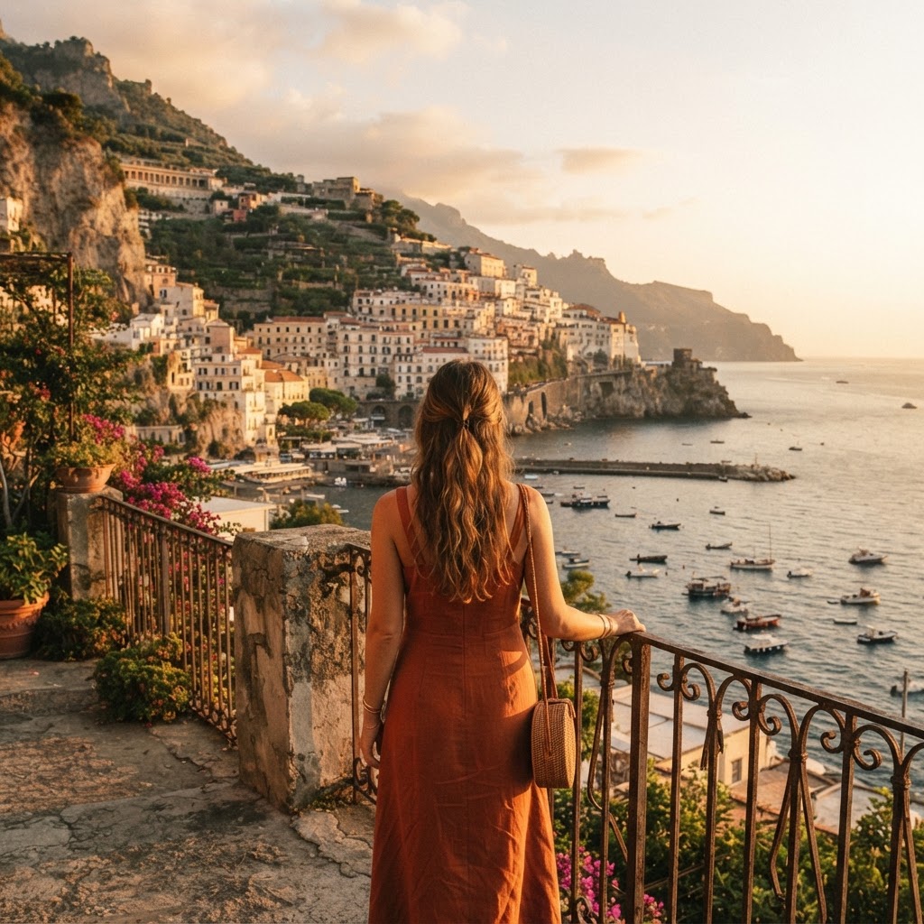 A traveler taking in a coastal town