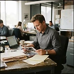 Investigator reviewing case files at his desk