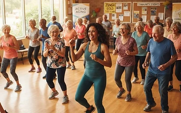 Seniors enjoying an energizing Zumba dance fitness class