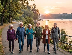 Seniors walking together along a scenic waterfront trail at sunrise