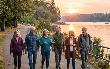 Seniors walking together along a scenic waterfront trail at sunrise