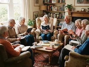 Seniors in a cozy book club discussion circle