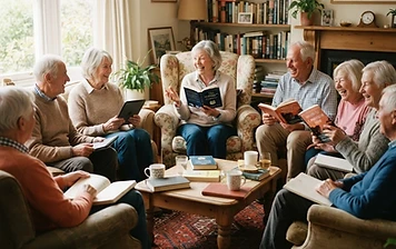 Seniors in a cozy book club discussion circle