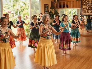 Seniors in a hula dance class practicing graceful hand movements