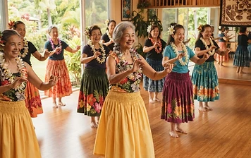 Seniors in a hula dance class practicing graceful hand movements