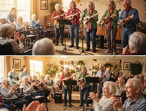 Senior volunteers performing music for residents at a seniors' home
