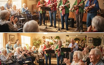 Senior volunteers performing music for residents at a seniors' home