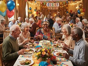 Seniors celebrating around a birthday cake with balloons