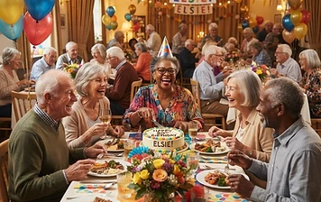 Seniors celebrating around a birthday cake with balloons