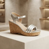 Chattawak Damen-Sandalette – Silber mit Kork-Keilabsatz