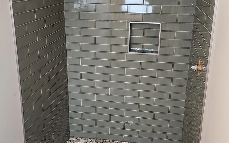 Sage Subway Shower — luxury shower tile installation by Lotto Custom Tile