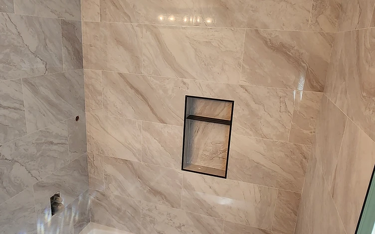 Glass Subway Tile with Custom Niche — luxury bathroom tile installation by Lotto Custom Tile