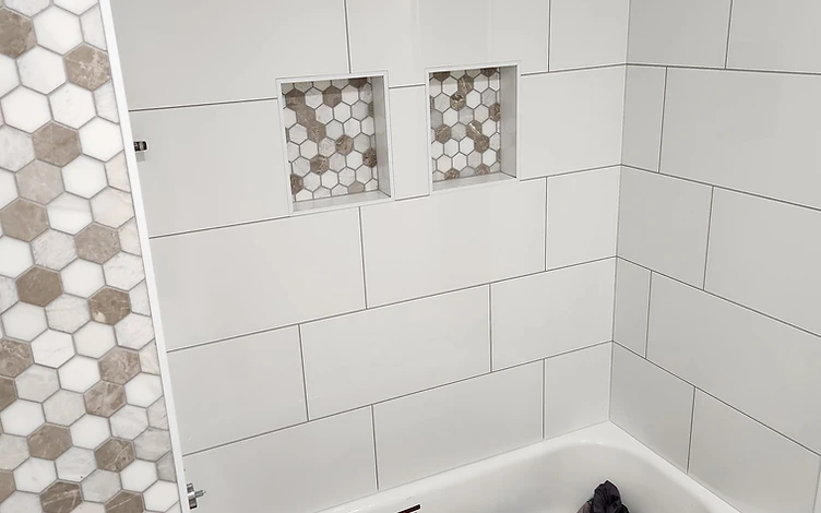Subway Shower with Mosaic Niches — luxury shower tile installation by Lotto Custom Tile