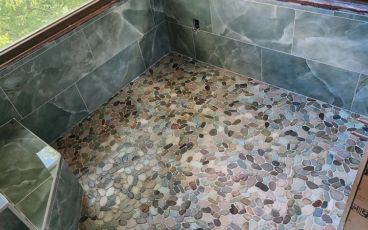 Green Marble Shower — luxury bathroom tile installation by Lotto Custom Tile