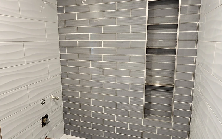 Grey Vertical Stack Shower — luxury shower tile installation by Lotto Custom Tile