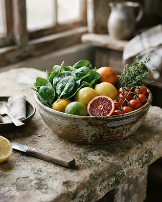 Fresh produce on a stone surface.