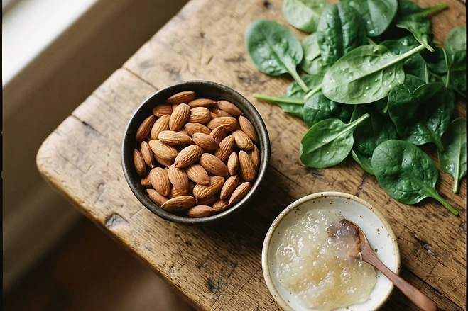 A collection of magnesium-rich whole foods and sea moss gel on a wooden table.