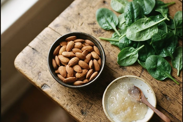 A collection of magnesium-rich whole foods and sea moss gel on a wooden table.