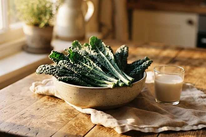 Fresh kale and a glass of almond milk on a wooden table in golden hour light.