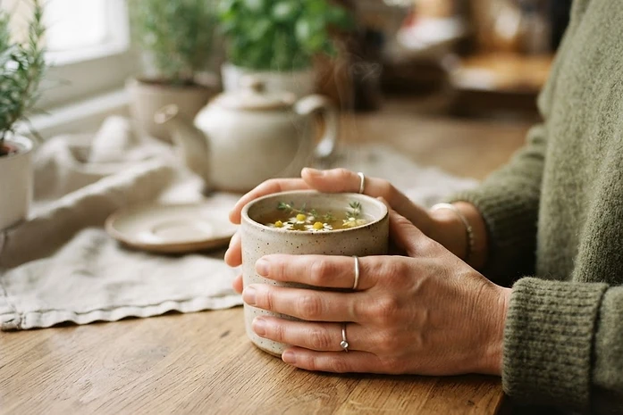 Two hands cradling a warm cup of herbal tea in soft morning light