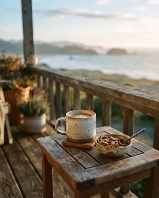 A peaceful morning ritual with a mug and a bowl of seeds.