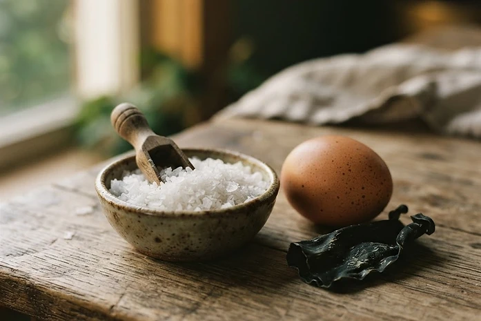 A still life of natural iodine sources including sea salt, dried kelp, and an egg.