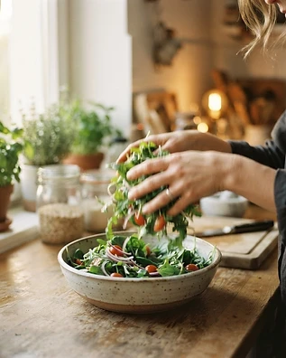 Hands preparing a fresh salad in a sunlit kitchen.