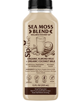 Bottle of SipRise Organic Almond Milk + Organic Coconut Milk sea moss blend, 12 fl oz