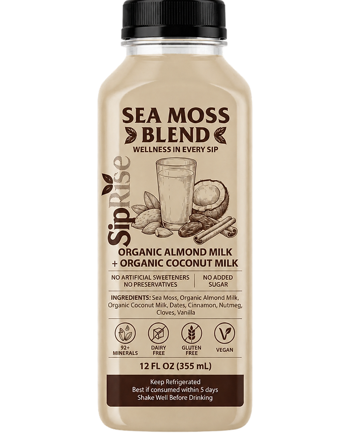 Bottle of SipRise Organic Almond Milk + Organic Coconut Milk sea moss blend, 12 fl oz