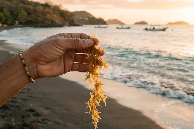 A hand holding fresh sea moss on a quiet Caribbean coastline at golden hour