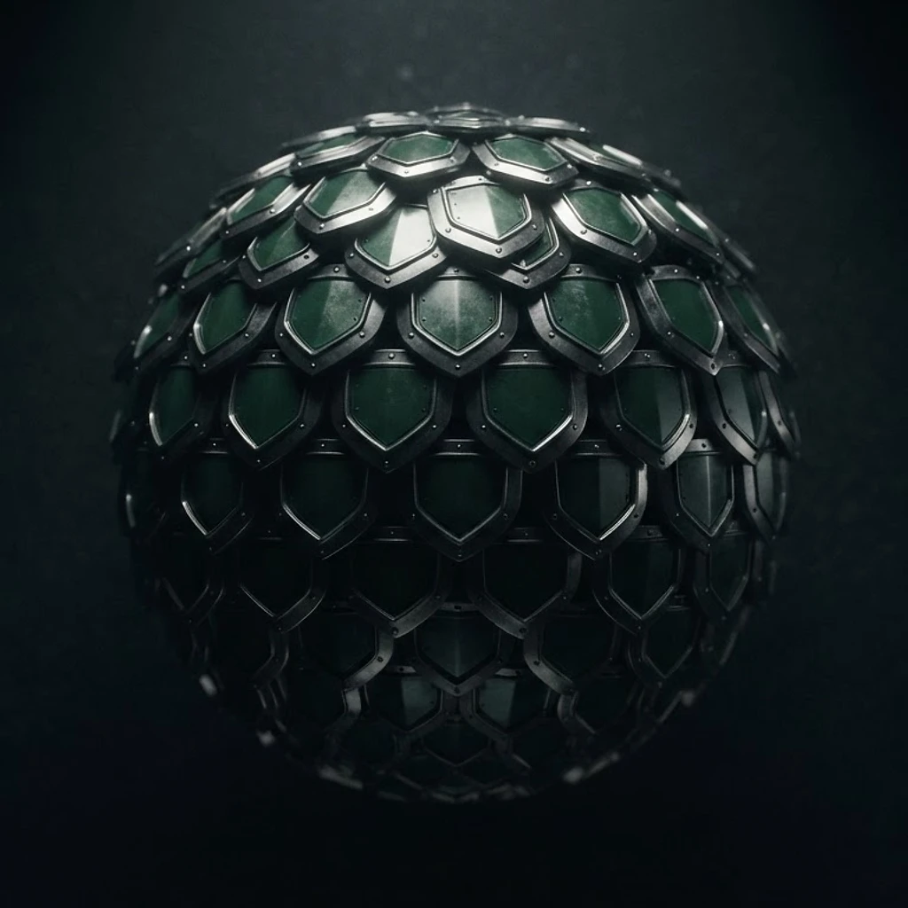 Visualização abstrata de escudos metálicos interligados formando uma esfera — proteção e estratégia
