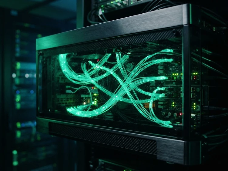 Servidor de tecnologia com luzes esmeralda — infraestrutura segura