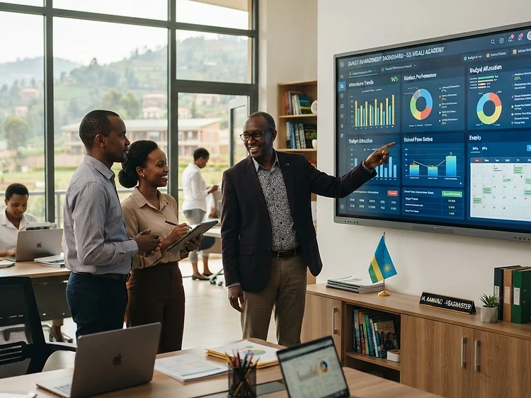 Headmaster and teachers interacting with a school dashboard