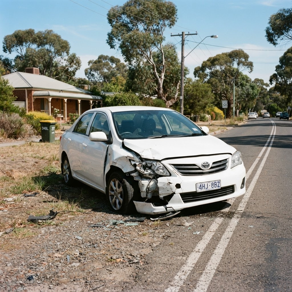 A crashed car on an Australian road with front-end damage