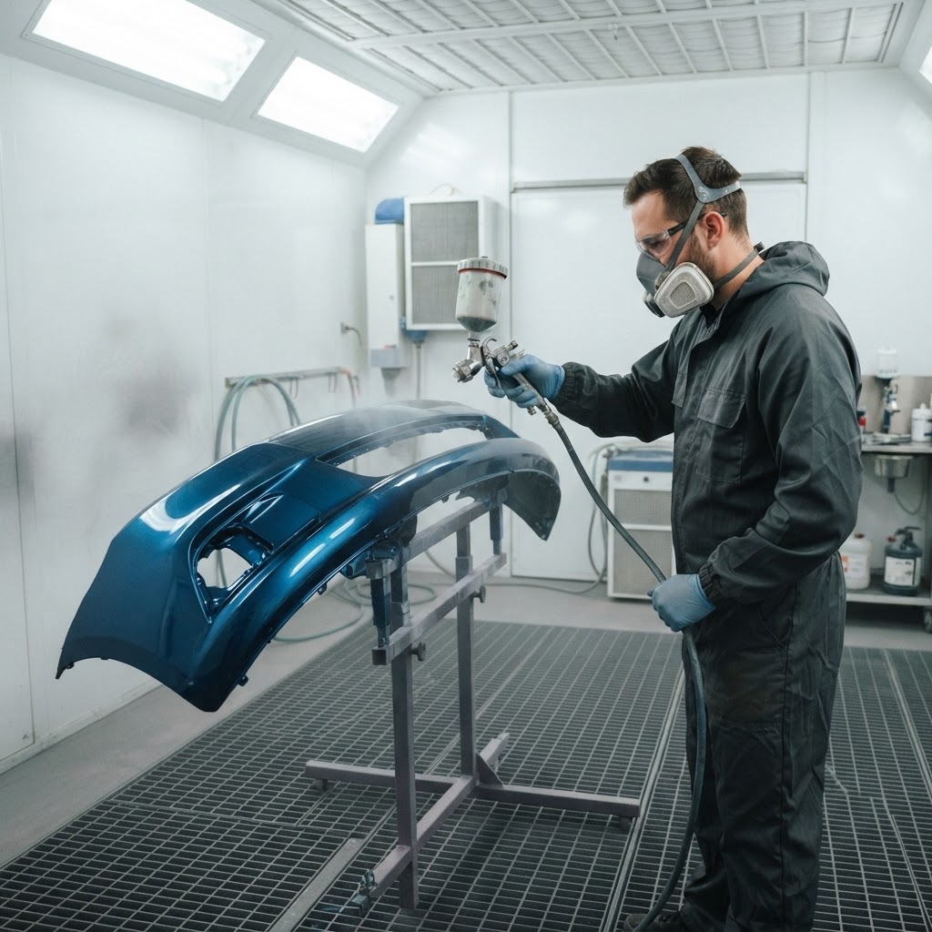 A car bumper bar being spray painted inside a professional spray booth