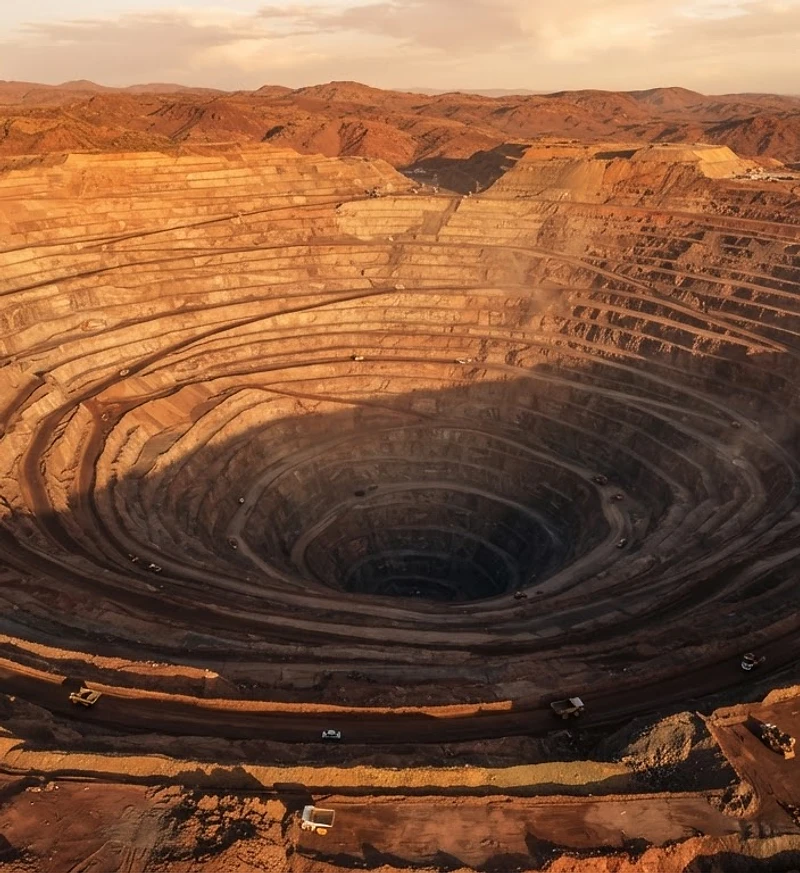 Aerial view of open-cast mining terraces