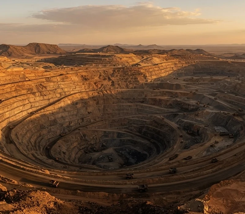 Aerial view of a Namibian open-cast copper mine at golden hour