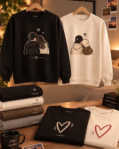 Matching couple shirts by VORNÈ 24 — plain and printed t-shirts for two