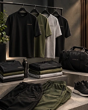 Men's activewear by VORNÈ 24 — gym tees and shorts