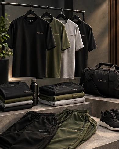 Men's activewear by VORNÈ 24 — gym tees and shorts