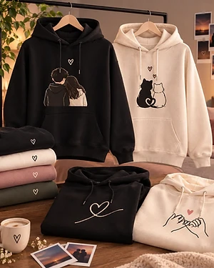 Matching couple hoodies by VORNÈ 24 — his-and-hers fleece hoodies