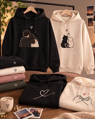 Matching couple hoodies by VORNÈ 24 — his-and-hers fleece hoodies