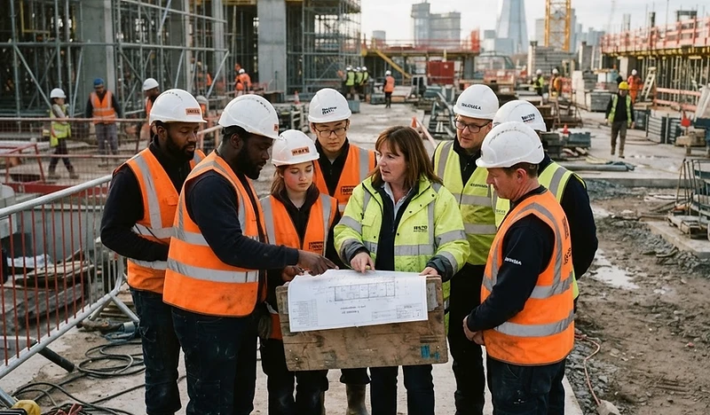 Construction team briefing on site