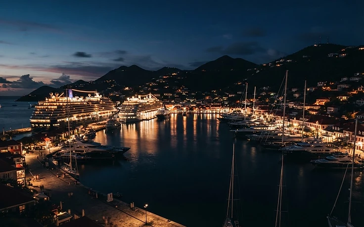 Caribbean port at blue hour with docked vessels