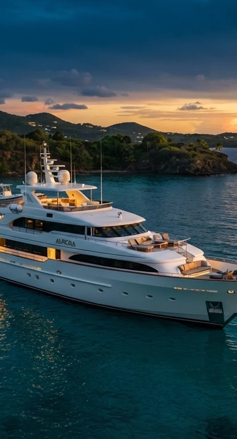 Luxury yacht at anchor in a Caribbean bay at golden hour