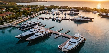 Modern marina with luxury yachts at golden hour