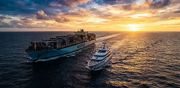 Cargo vessel and yacht sailing on open ocean